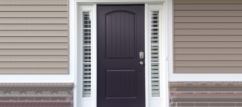 Entry Door Sidelight Shutters In Las Vegas, NV Sidelight Shutters On Black Door In Las Vegas, NV